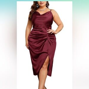 NWT Satin Spaghetti Strap Cowl Neck Maxi Party Ruched Dress for Cocktail Party